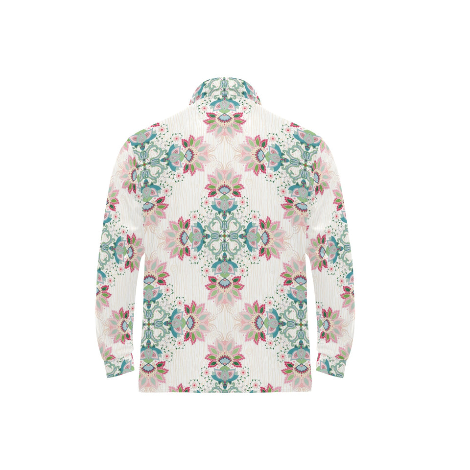 Square floral indian flower pattern Men's Long Sleeve Polo Shirt