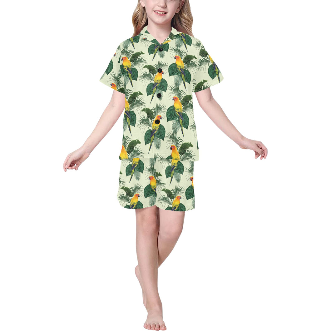 Beautiful parrot palm leaves pattern Kids' Boys' Girls' V-Neck Short Pajama Set
