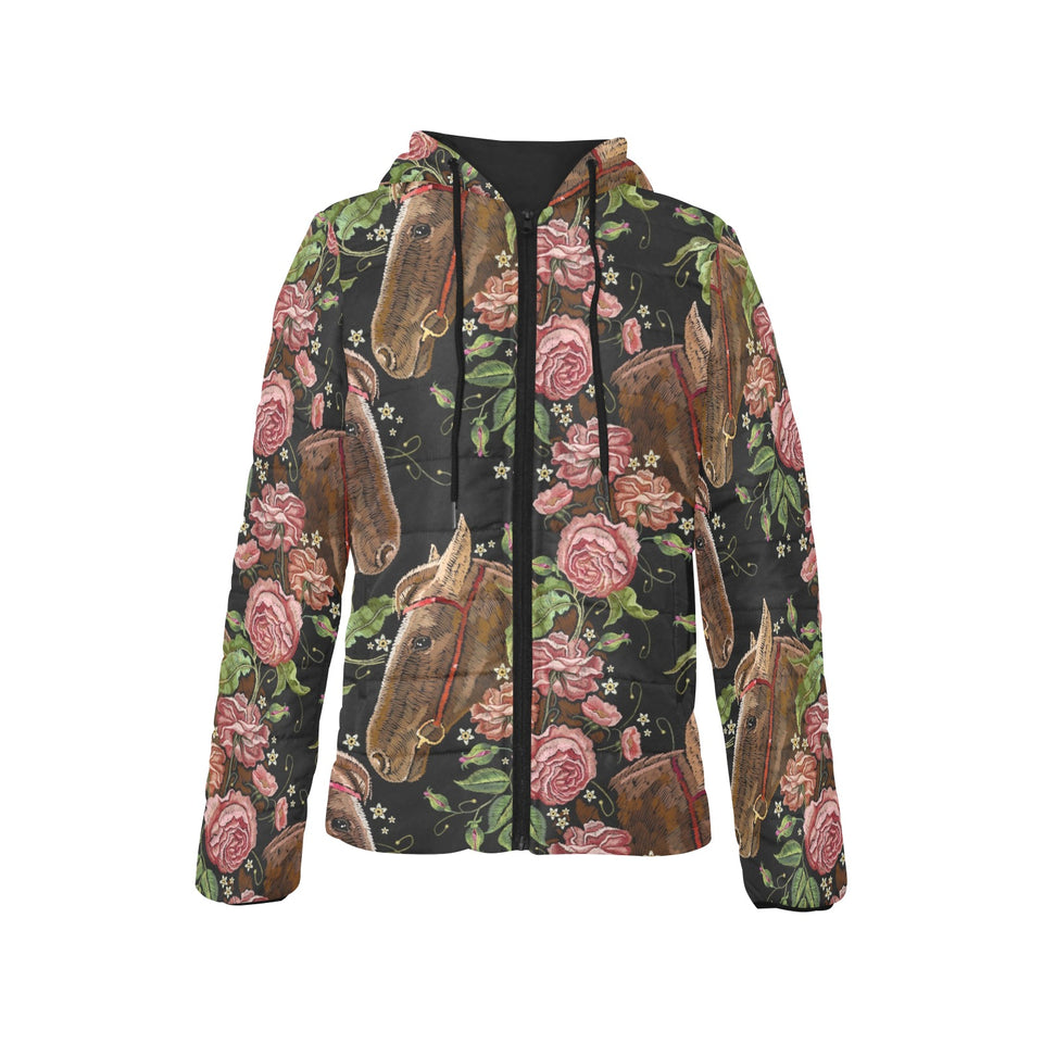 Horse head wild roses pattern Women's Padded Hooded Jacket