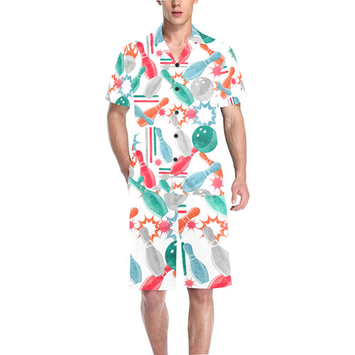 Watercolor bowling pattern Men's V-Neck Short Pajama Set