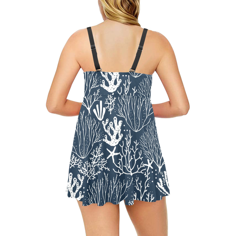 Coral Reef Pattern Print Design 05 Chest Sexy Pleated Two Piece Swim Dress