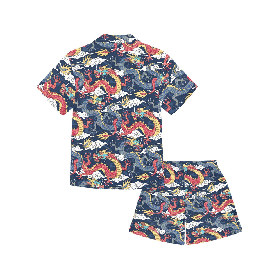 Blue red dragon cloud pattern Kids' Boys' Girls' V-Neck Short Pajama Set