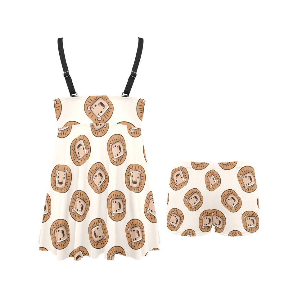 Lion Pattern Print Design 01 Chest Sexy Pleated Two Piece Swim Dress