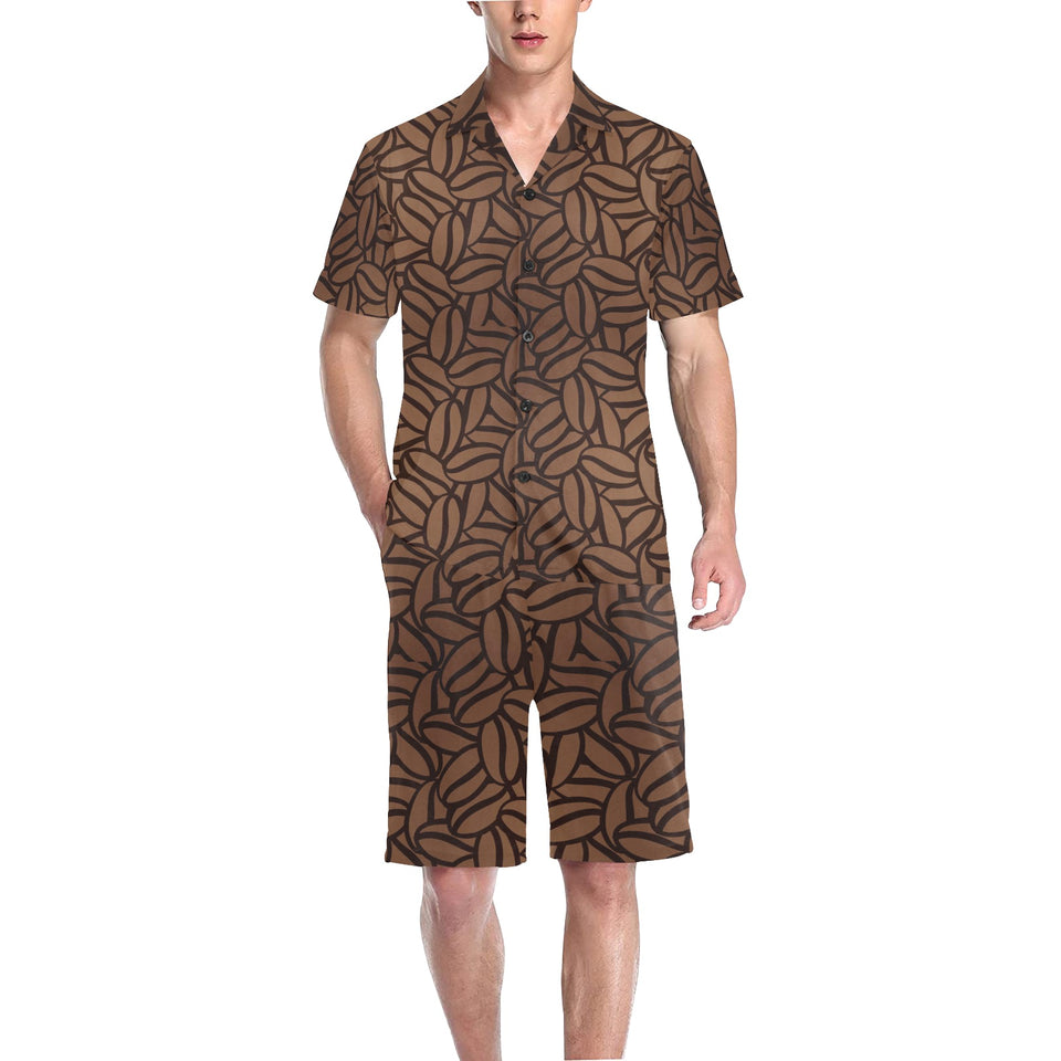 coffee bean pattern Men's V-Neck Short Pajama Set