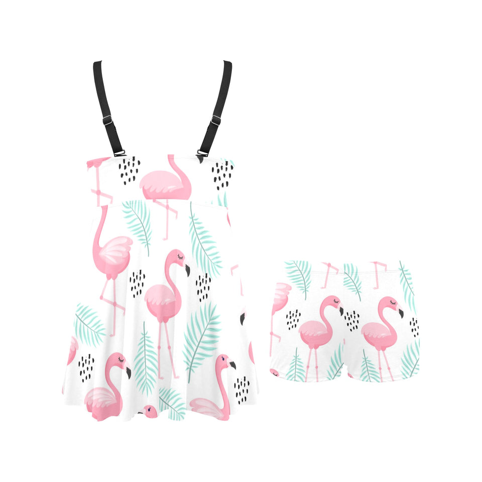 Cute flamingo pattern Chest Sexy Pleated Two Piece Swim Dress