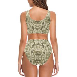 Light Green camouflage pattern Chest Bowknot High Waisted Bikini Swimsuit