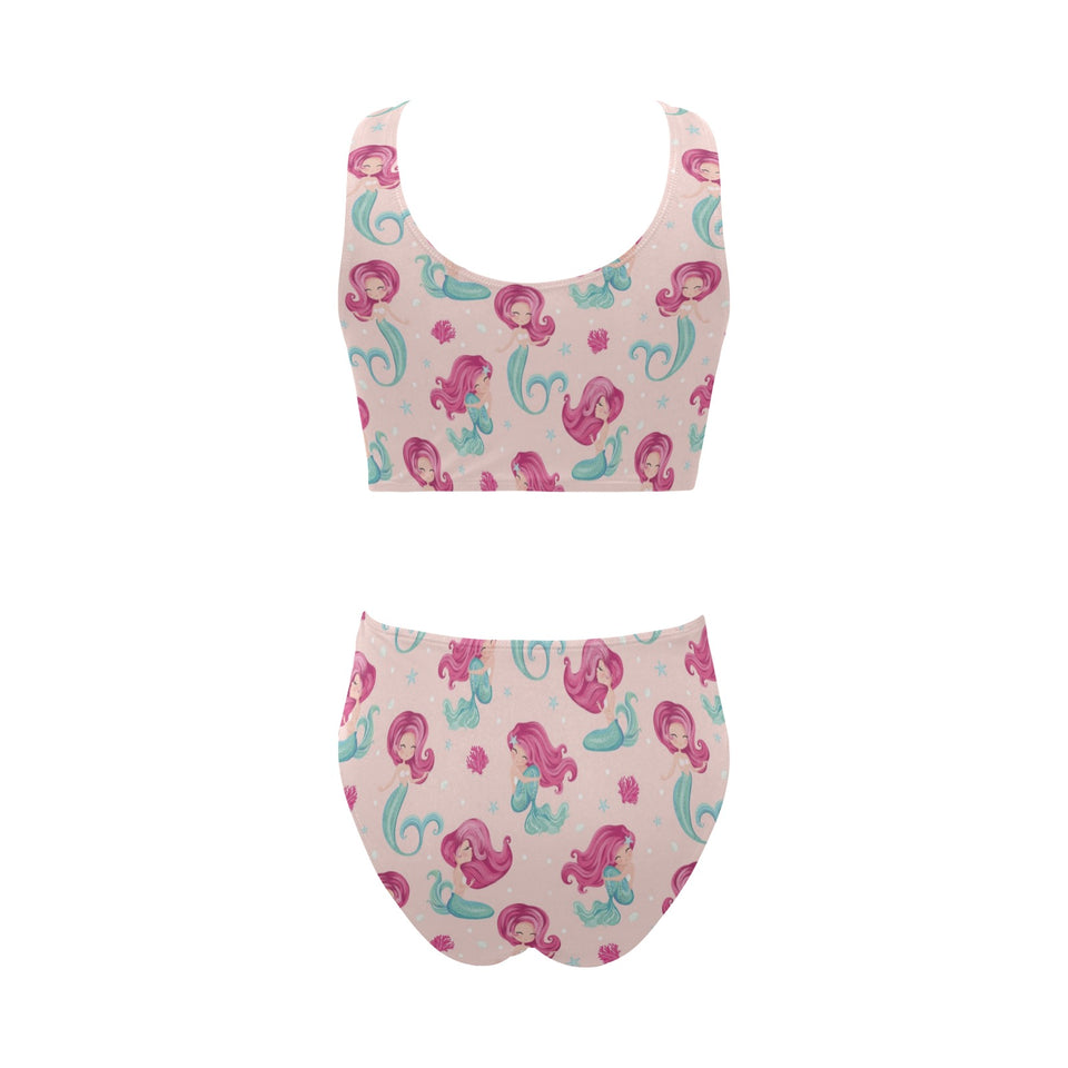 Cute little mermaid pattern Chest Bowknot High Waisted Bikini Swimsuit