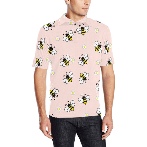 Cute bee flower pattern pink background Men's All Over Print Polo Shirt