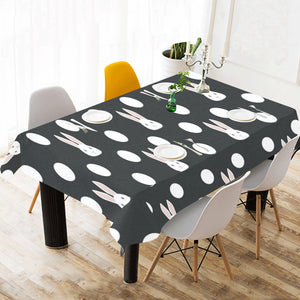 Cute white rabbit polka dots black background Tablecloth