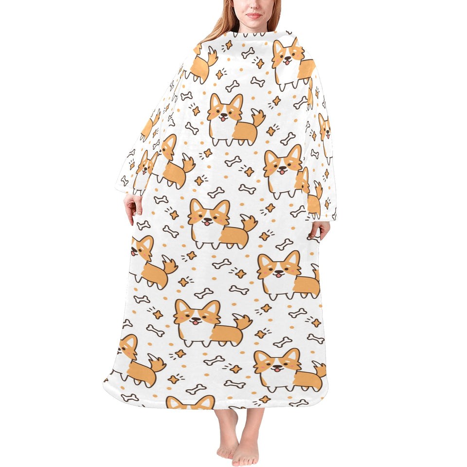 Cute corgi heart star bone pattern Blanket Robe with Sleeves