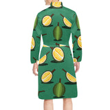 Durian pattern green background Men's Long Sleeve Belted Night Robe