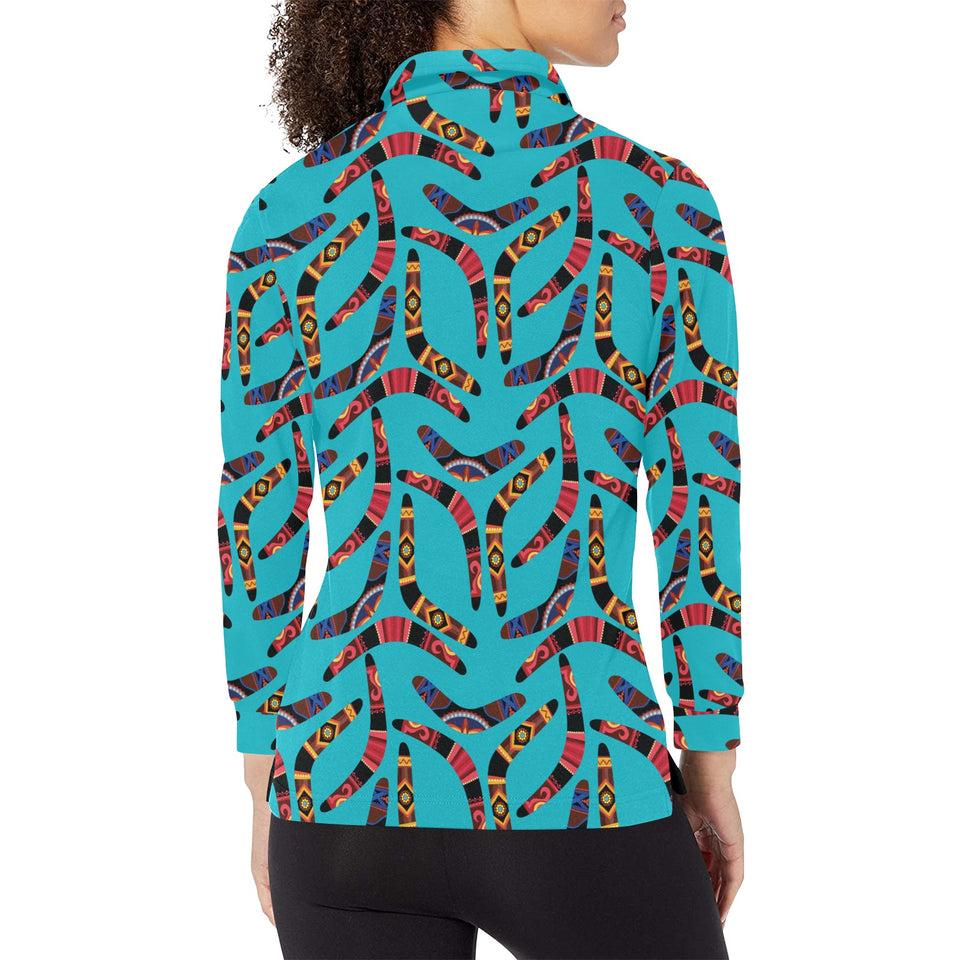 Boomerang Australian aboriginal ornament blue back Women's Long Sleeve Polo Shirt