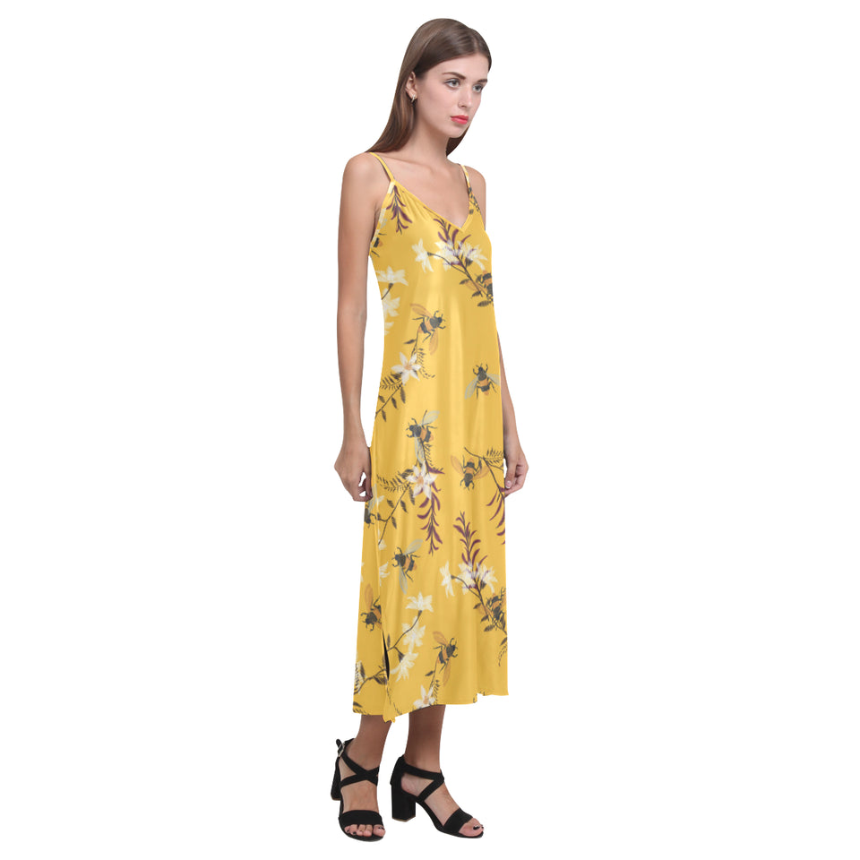 Bee flower pattern V-Neck Open Fork Long Dress