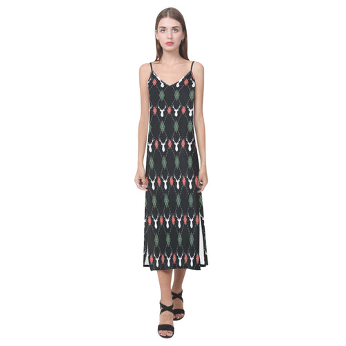 Deer Christmas new year pattern argyle V-Neck Open Fork Long Dress