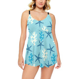 Blue starfish coral reef pattern Chest Sexy Pleated Two Piece Swim Dress