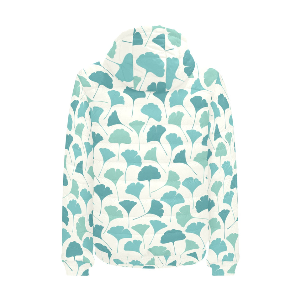 Green ginkgo leaves pattern Men's Padded Hooded Jacket
