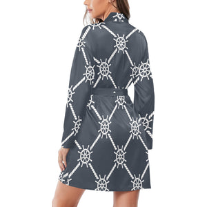 nautical steering wheel rope pattern Women's Long Sleeve Belted Night Robe