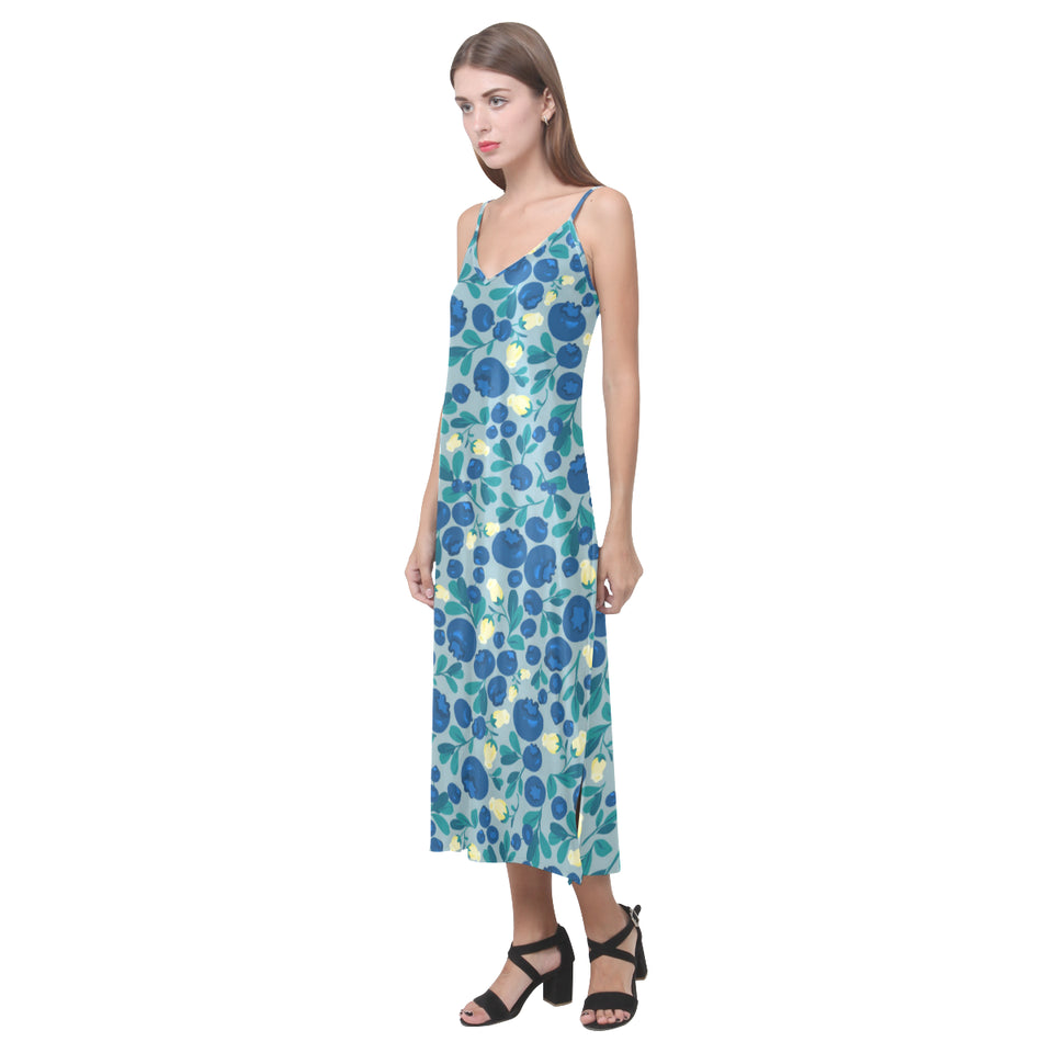 blueberry design pattern V-Neck Open Fork Long Dress