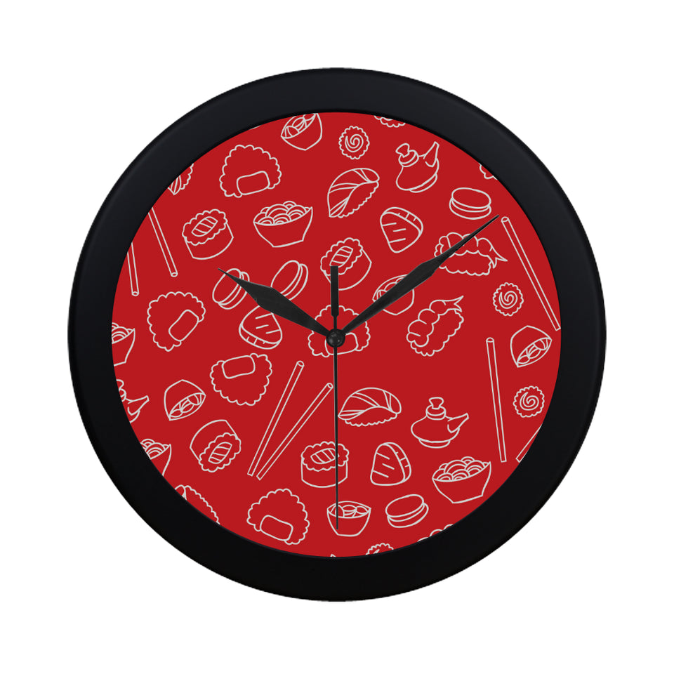 sushi pattern red background Elegant Black Wall Clock
