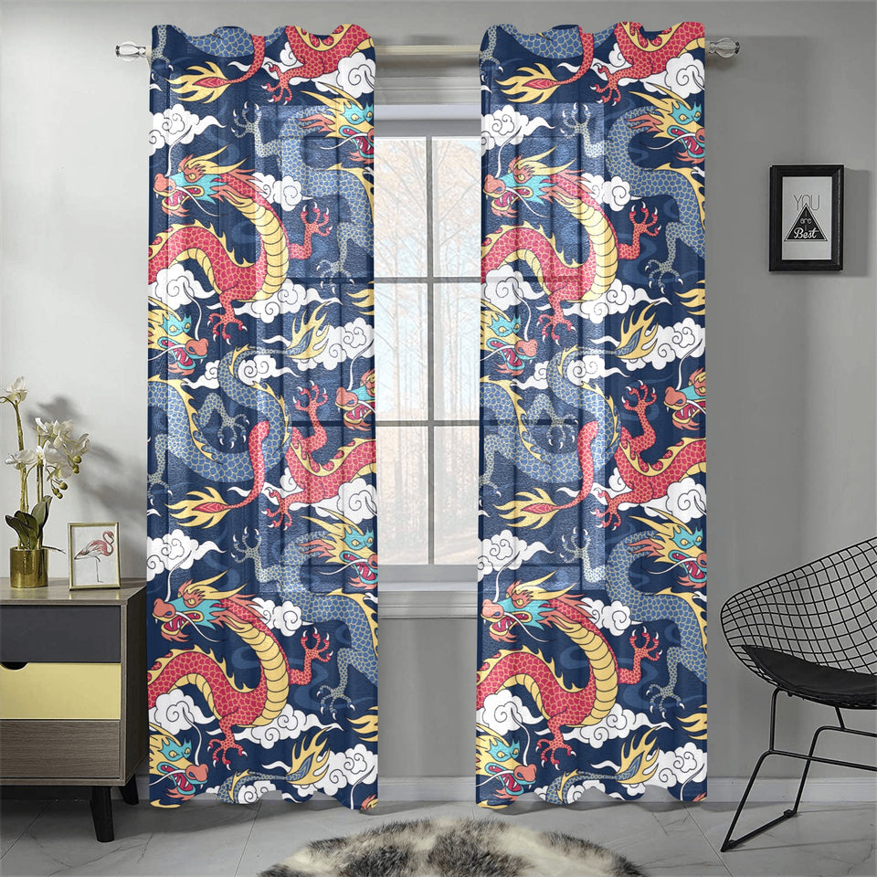 Blue red dragon cloud pattern Gauze Curtain
