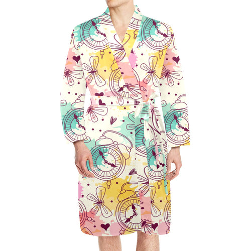 Clock butterfly pattern Men's Long Sleeve Belted Night Robe
