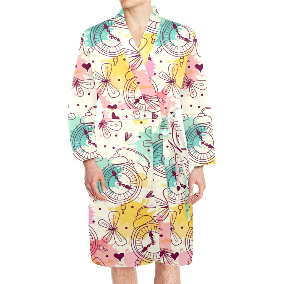 Clock butterfly pattern Men's Long Sleeve Belted Night Robe