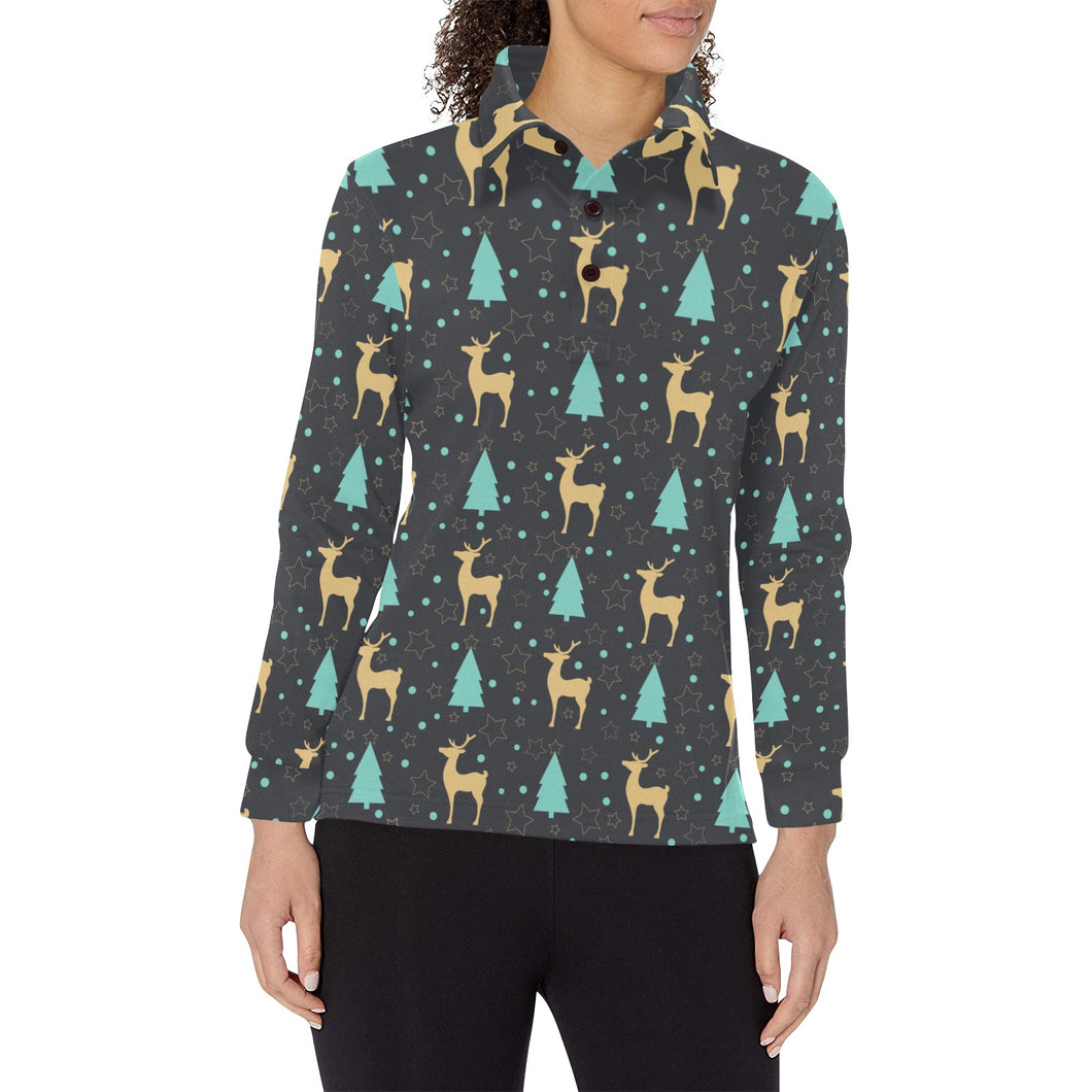 Deers star tree pattern Women's Long Sleeve Polo Shirt