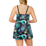 Dragon sea wave pattern Chest Sexy Pleated Two Piece Swim Dress