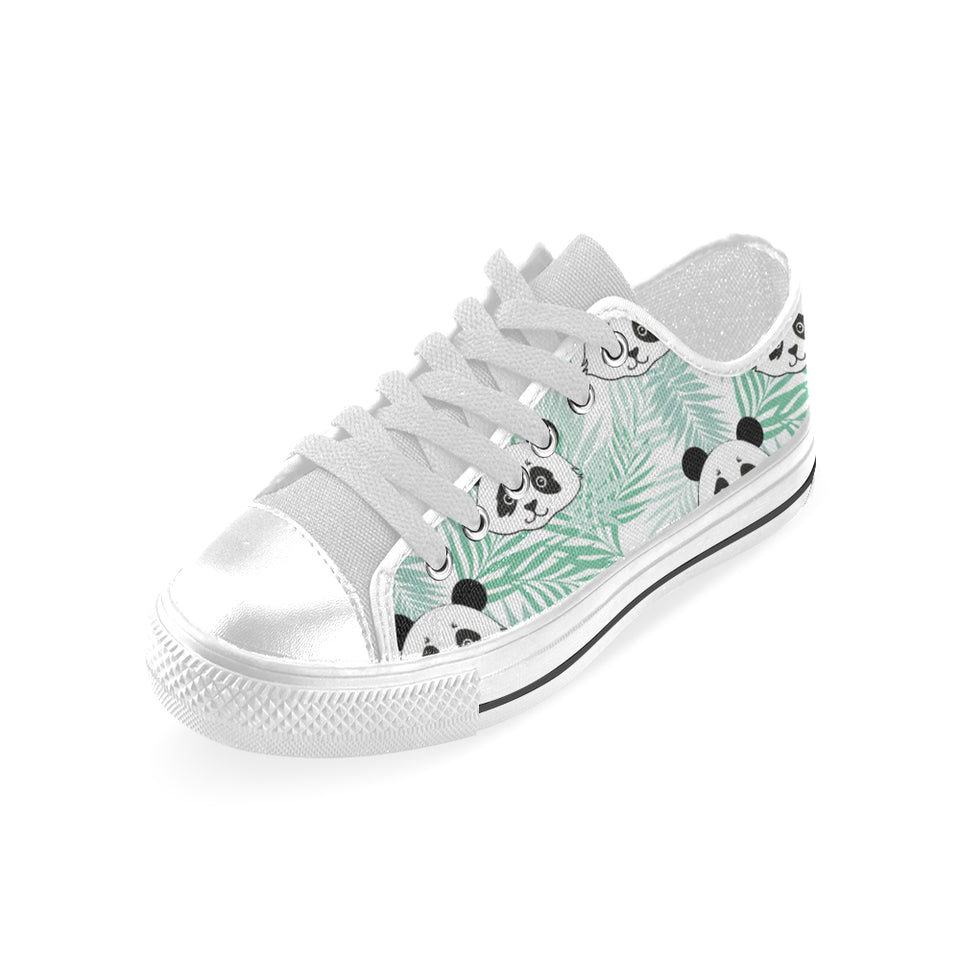 Panda pattern tropical leaves background Men's Low Top Canvas Shoes White