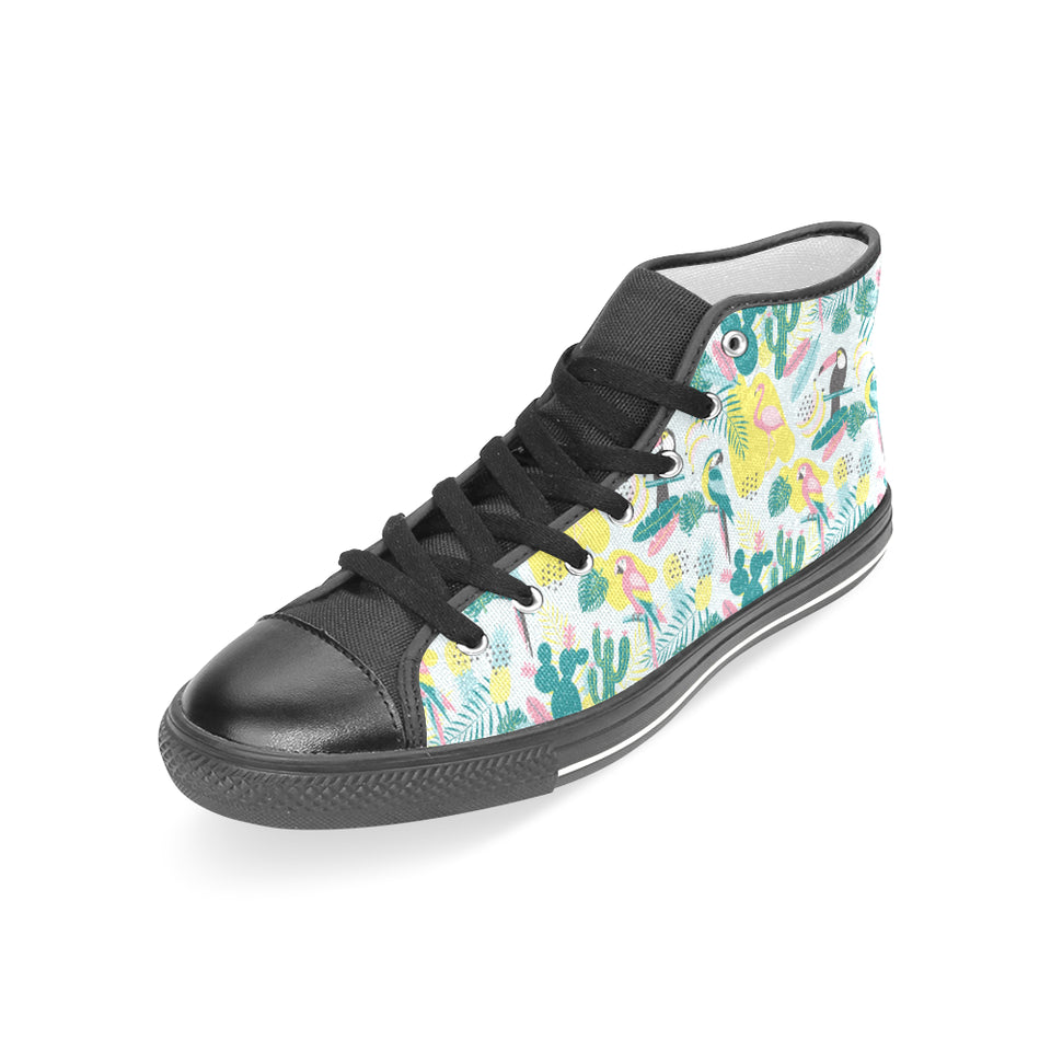 Cute parrot toucan flamingo cactus exotic leaves p Women's High Top Canvas Shoes Black