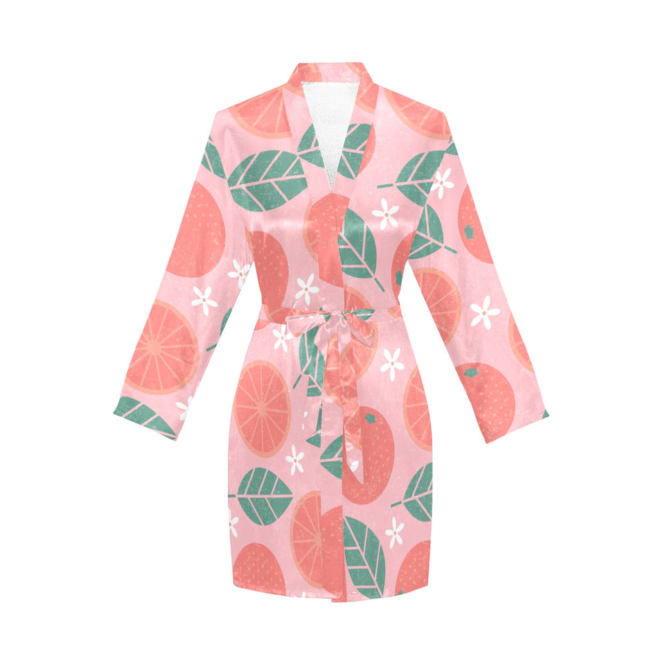 Grapefruit leaves flower pink background Women's Long Sleeve Belted Night Robe