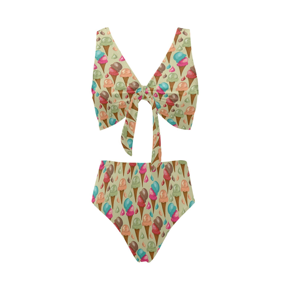 Colorful ice cream pattern Chest Bowknot High Waisted Bikini Swimsuit