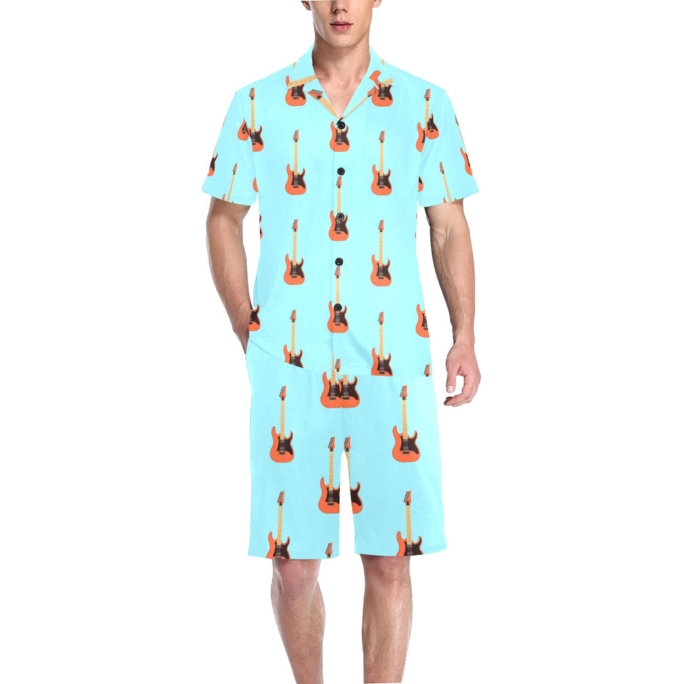electric guitar pattern light blue background Men's V-Neck Short Pajama Set