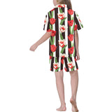 red and white tulips pattern Kids' Boys' Girls' V-Neck Short Pajama Set