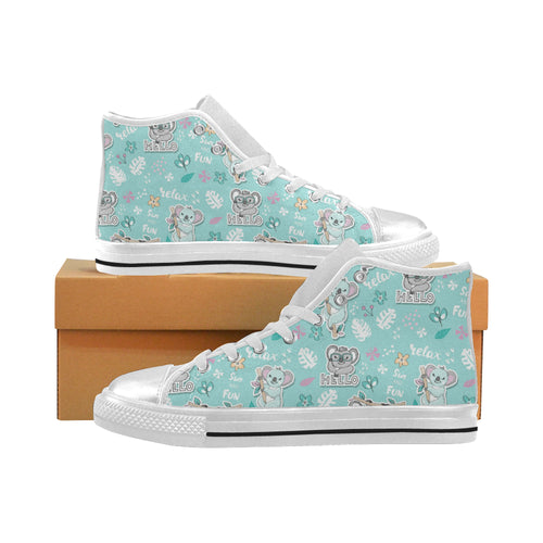 Cute koalas blue background pattern Women's High Top Canvas Shoes White