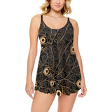 Gold peacock feather pattern Chest Sexy Pleated Two Piece Swim Dress