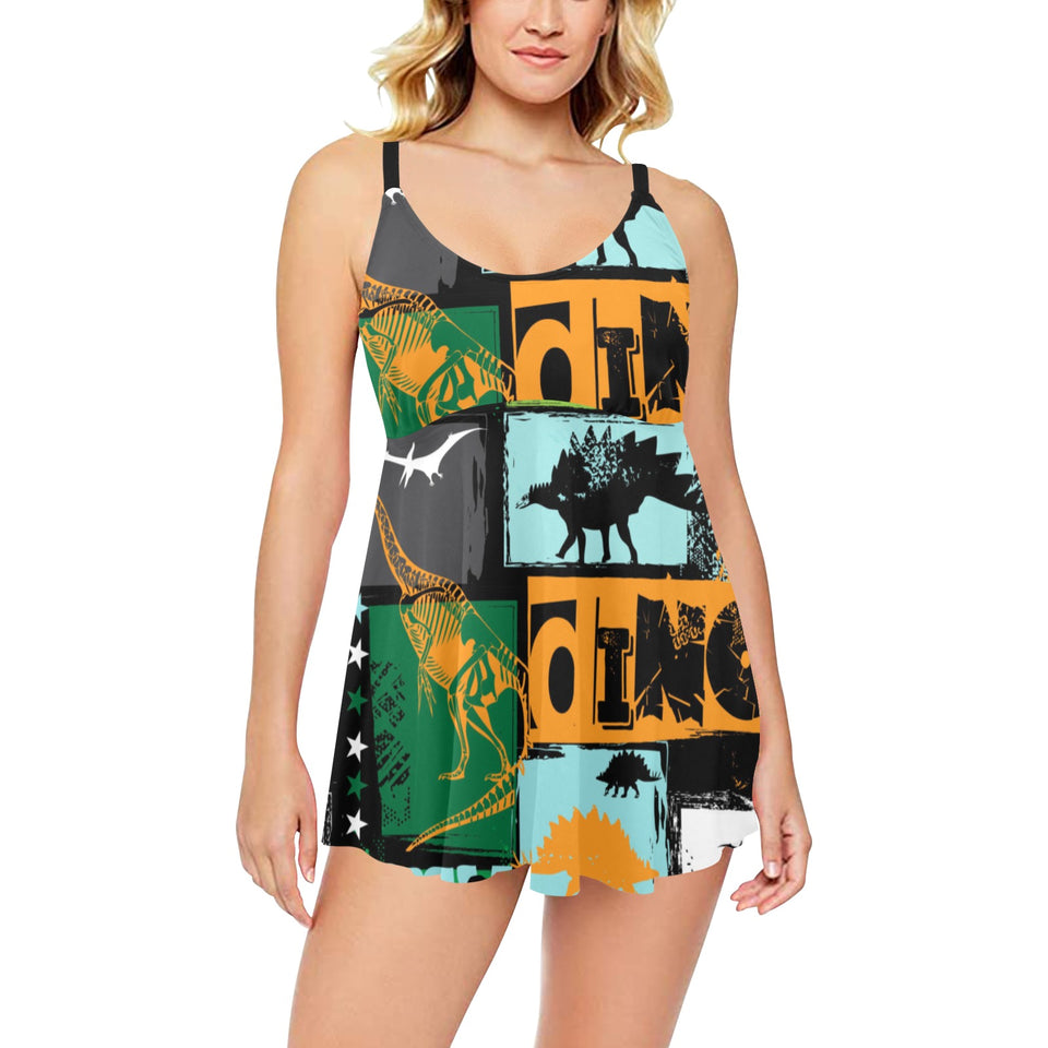 dinosaurs print pattern Chest Sexy Pleated Two Piece Swim Dress