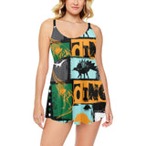 dinosaurs print pattern Chest Sexy Pleated Two Piece Swim Dress