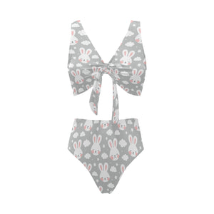 Rabbit cloud Pattern Chest Bowknot High Waisted Bikini Swimsuit