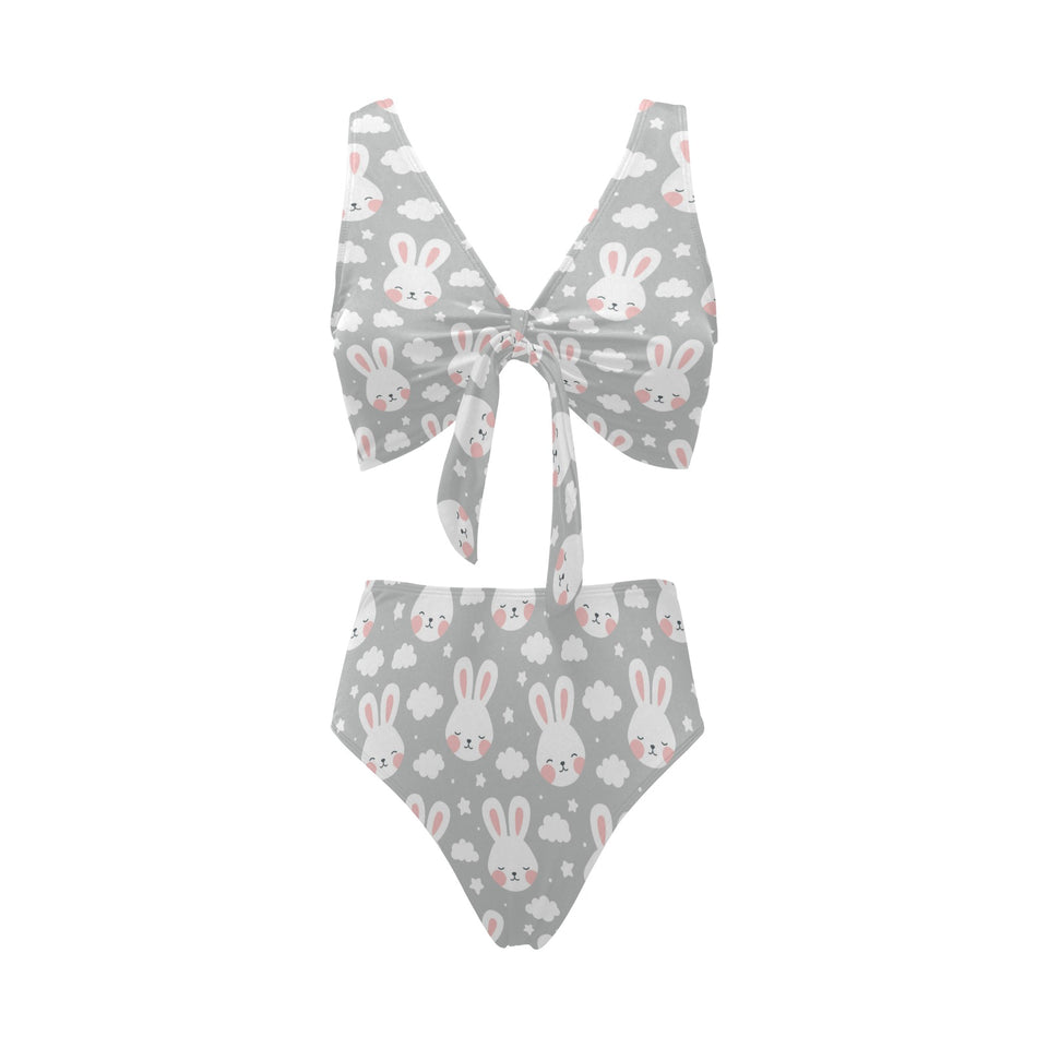 Rabbit cloud Pattern Chest Bowknot High Waisted Bikini Swimsuit