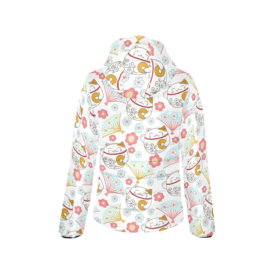 Maneki neko cat fan sakura Women's Padded Hooded Jacket