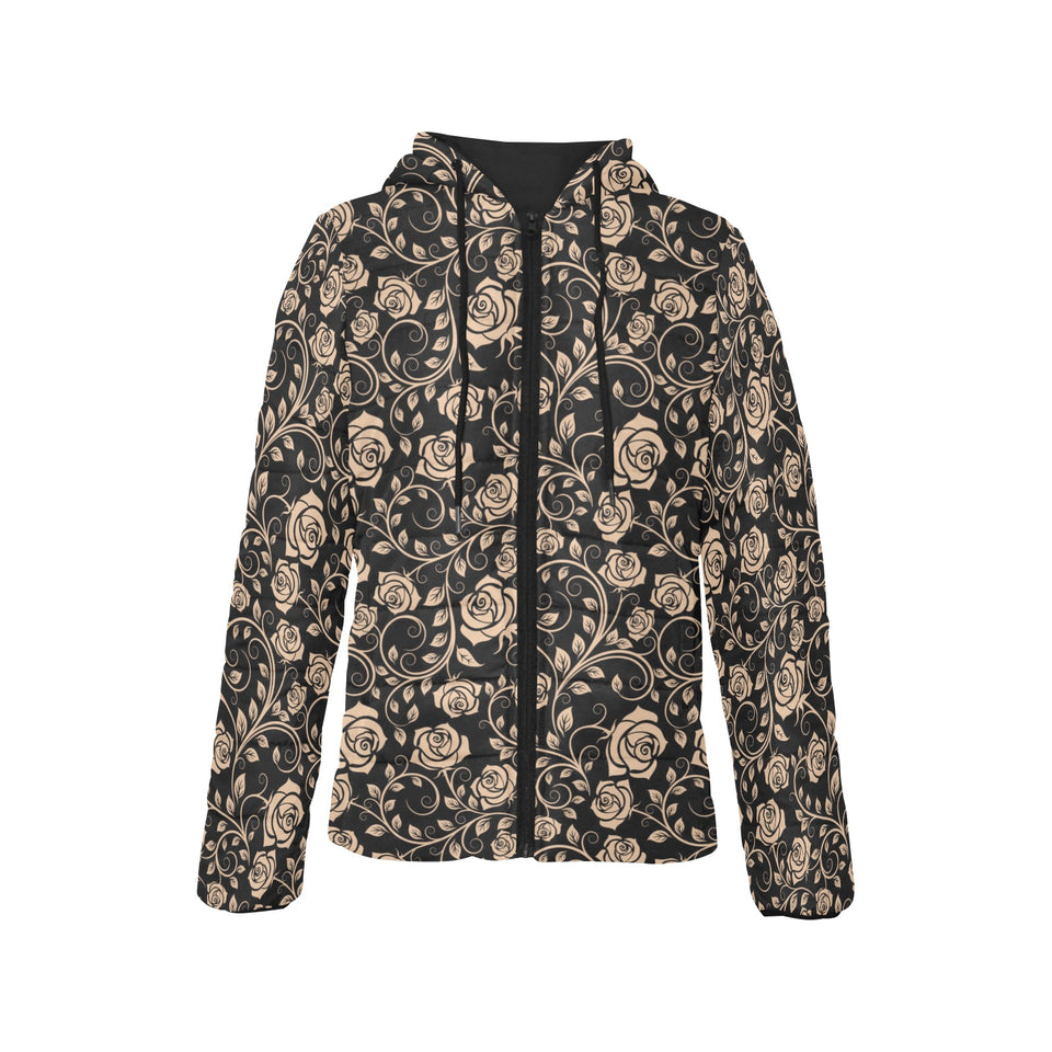 Rose Pattern Print Design 04 Women's Padded Hooded Jacket