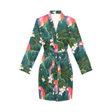 Parrot Palm tree leaves flower hibiscus pattern Women's Long Sleeve Belted Night Robe