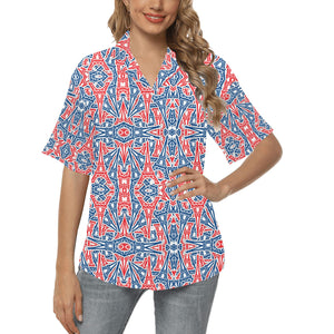 Blue Red Eiffel Tower Pattern Print Design 02 Women's All Over Print Hawaiian Shirt