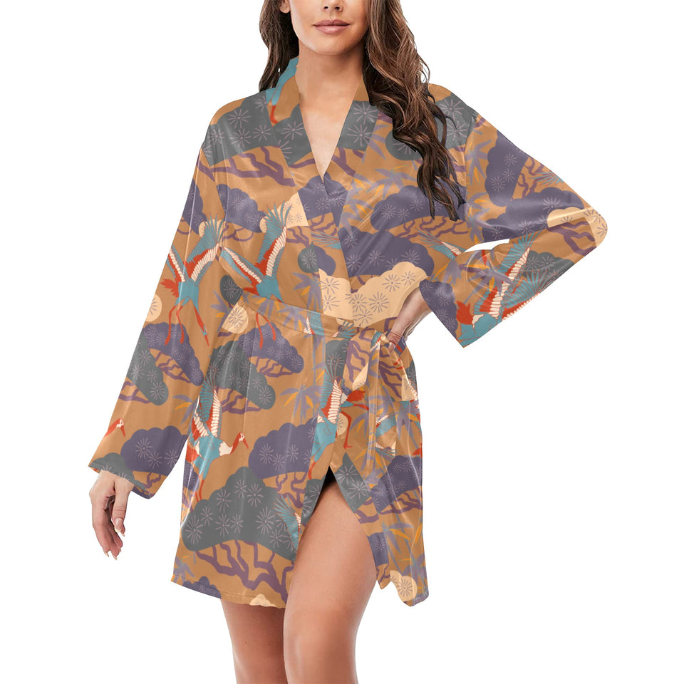 Bonsai bamboo stork japanese pattern brown theme Women's Long Sleeve Belted Night Robe