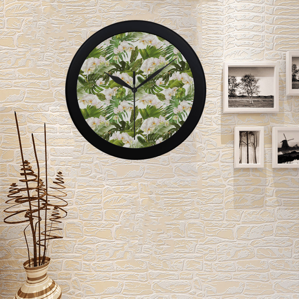 White orchid flower tropical leaves pattern Elegant Black Wall Clock