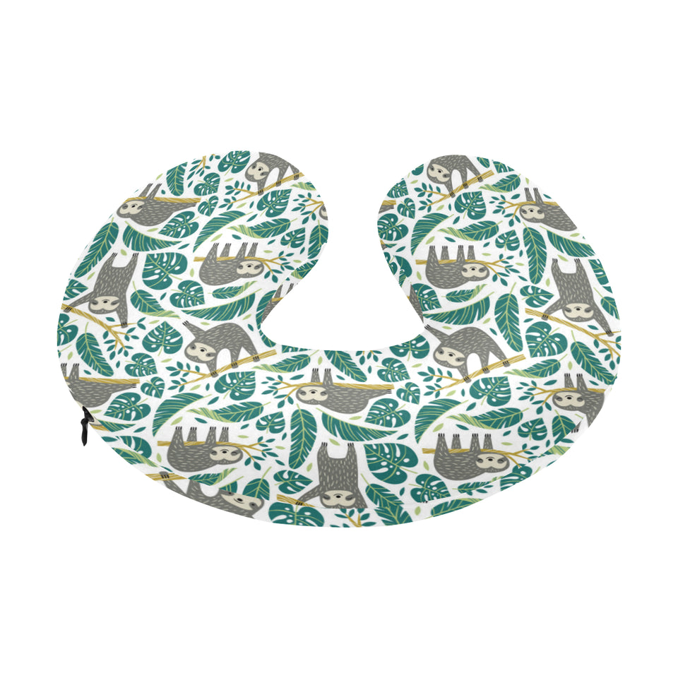 Cute sloths tropical palm leaves white background U-Shaped Travel Neck Pillow