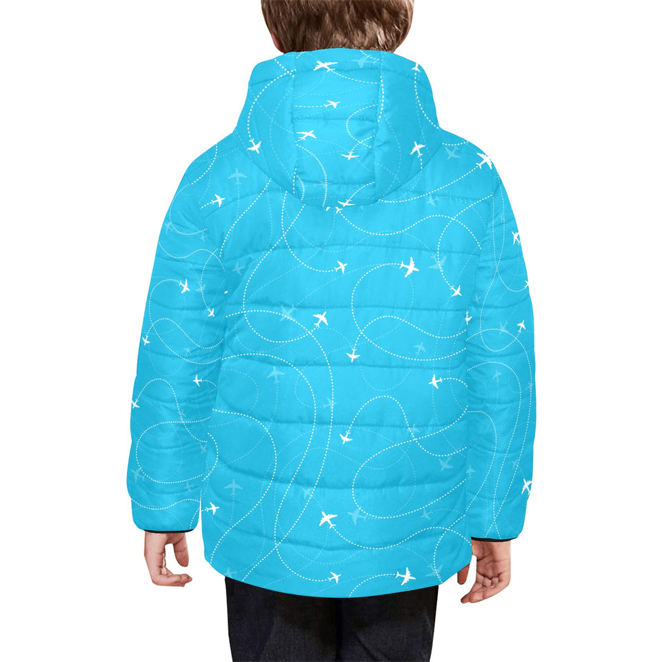 Airplane destinations blue background Kids' Boys' Girls' Padded Hooded Jacket