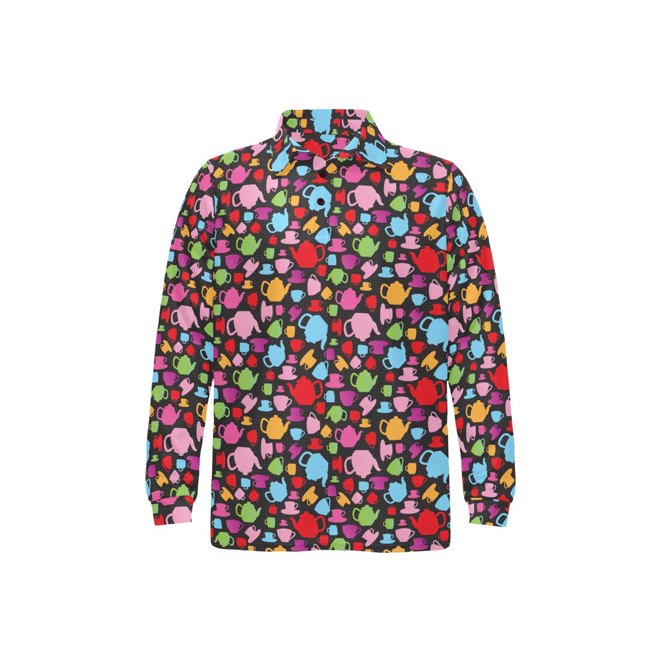 Tea pots Pattern Print Design 01 Men's Long Sleeve Polo Shirt