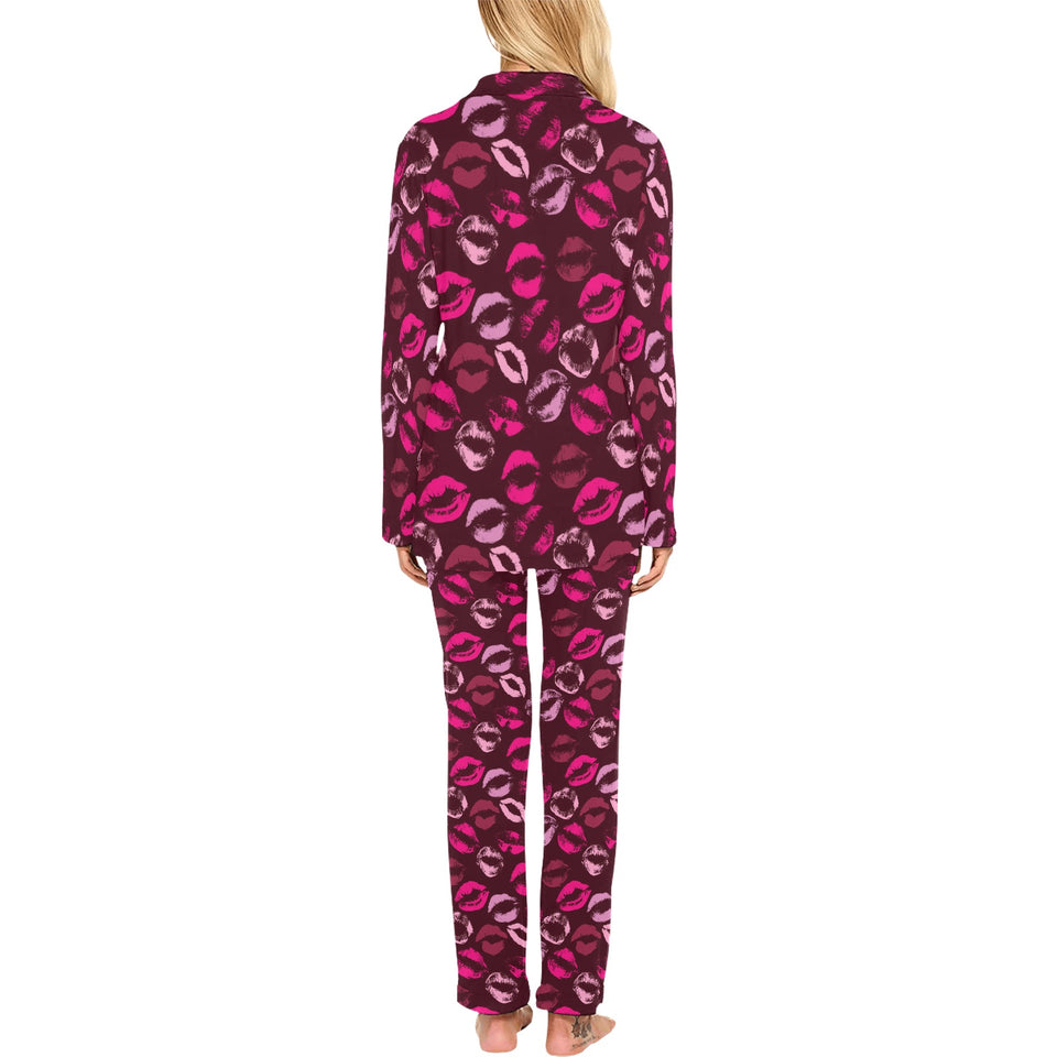 Lips Pattern Print Design 03 Women's Long Pajama Set